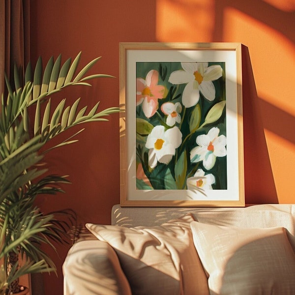 Expressive Painting Flowers Wall Art White Flowers Painting Wall Art Peach Wall Art Green Wall Art Leaves Digital Download Wall Art