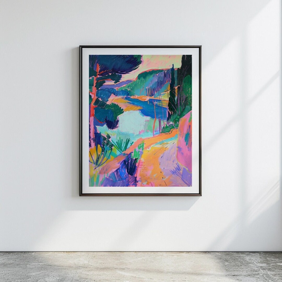 Expressive Path Mountain Path With Lake Painting Wall Art Contemporary Art Bright ...