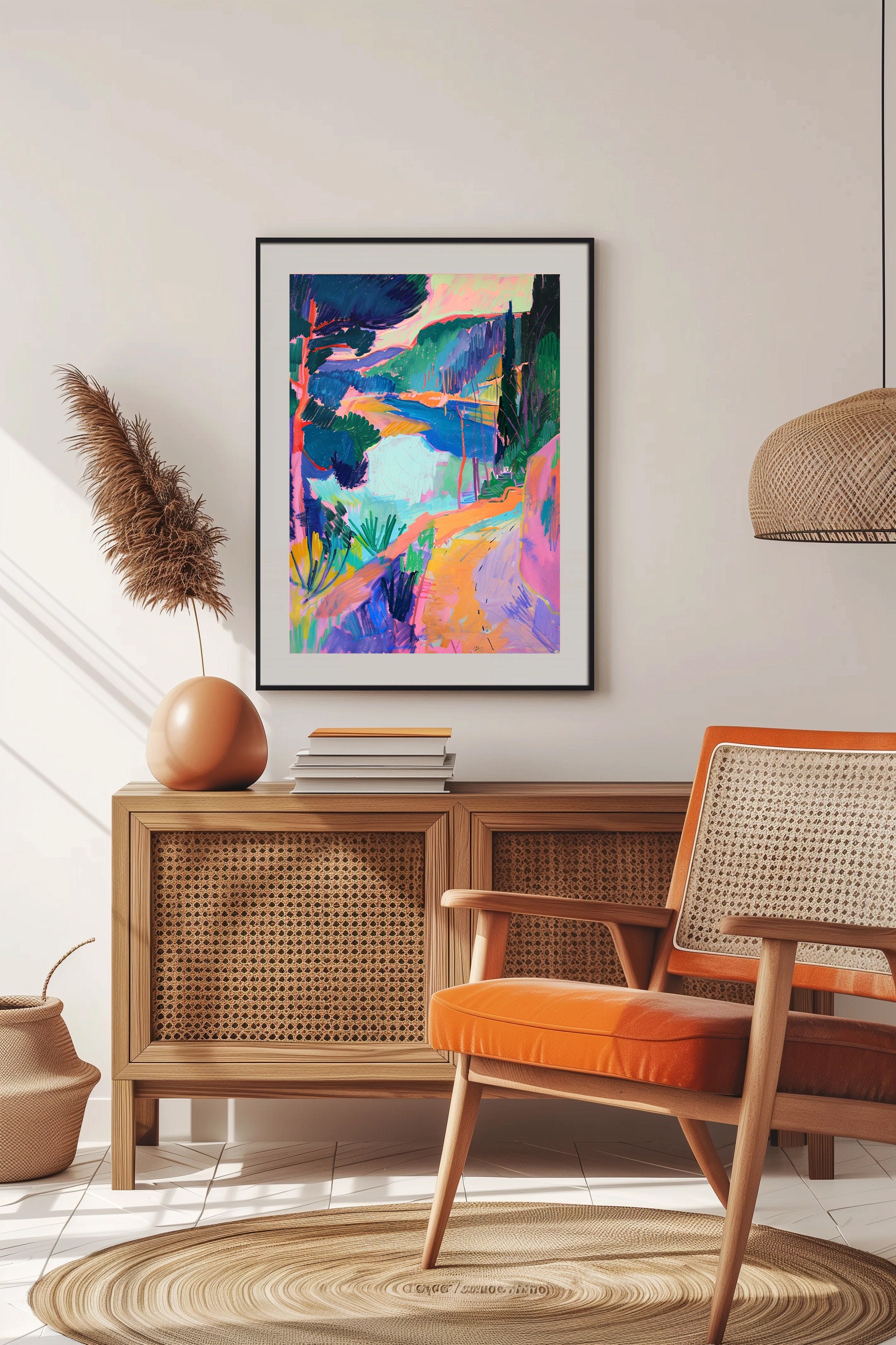 Expressive Path Mountain Path With Lake Painting Wall Art Contemporary Art Bright ...