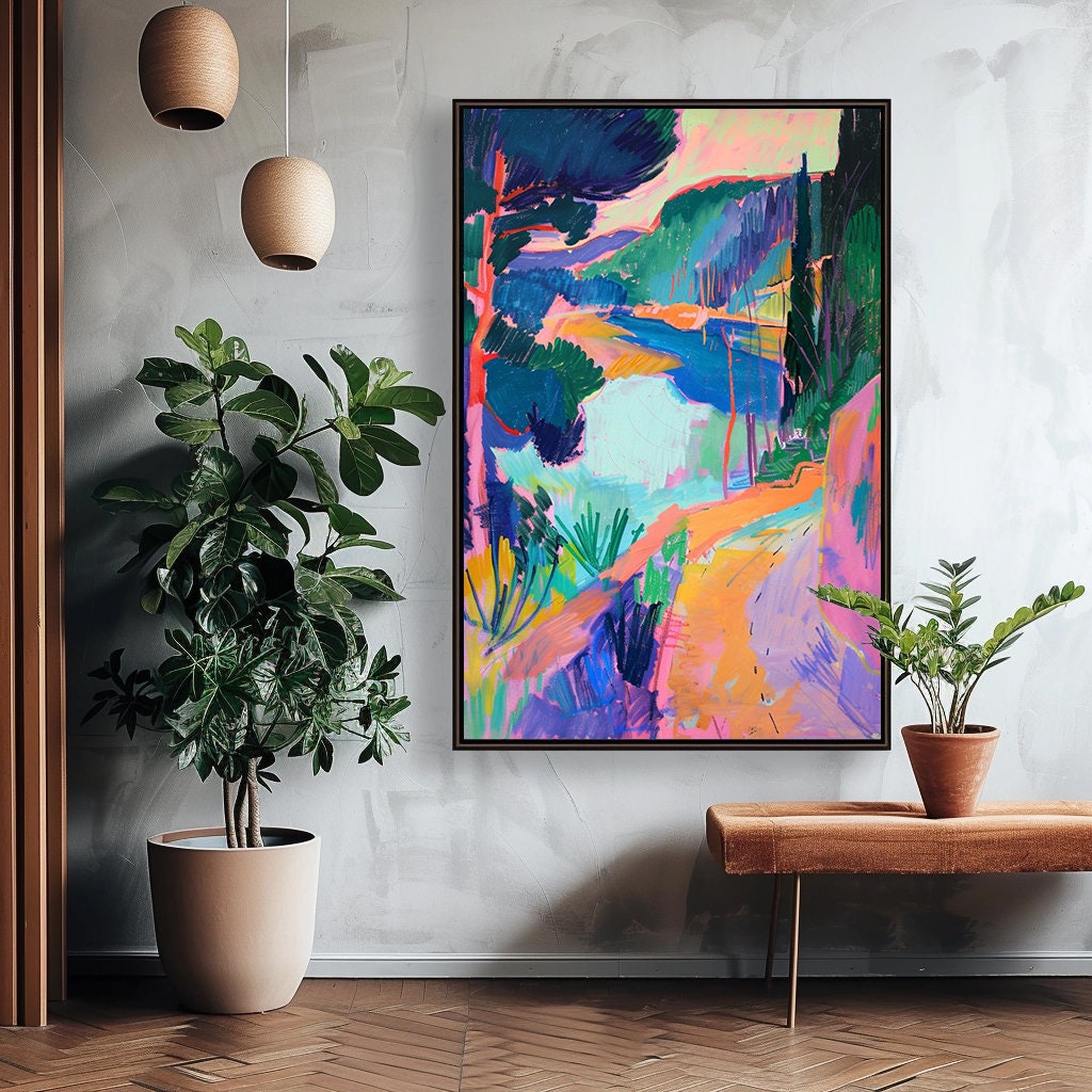 Expressive Path Mountain Path With Lake Painting Wall Art Contemporary Art Bright ...