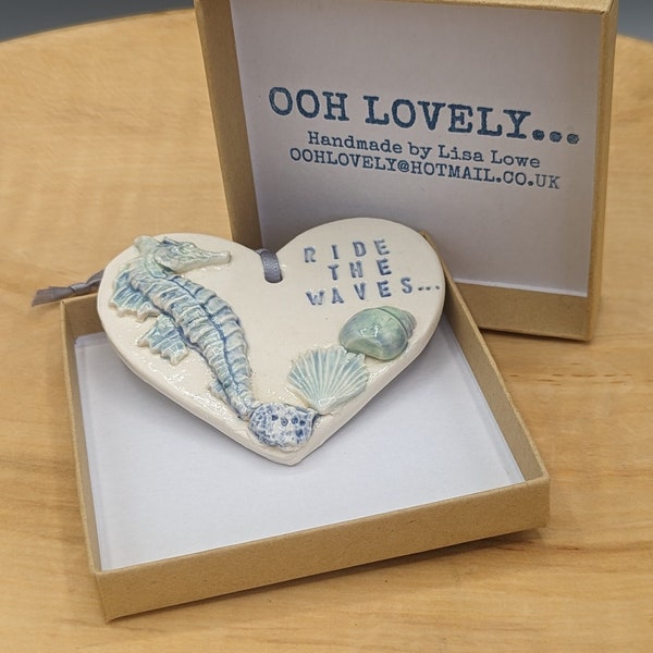 Ride the Waves heart, porcelain clay, handmade, hand painted, shells, seahorse, glazed, kiln fired hanging heart, gift boxed