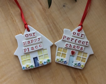 Handmade porcelain Perfect Chaos or Our Happy Place hanging house,quote, ceramic gift pottery home decoration,hanger with flowers red ribbon