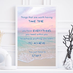 Inspirational Poster, Motivational Quote, Achieve, Start, Beach, Coastal, Artwork, Wall Art, Digital Download, Digital Print, A4, A3, A2, A1
