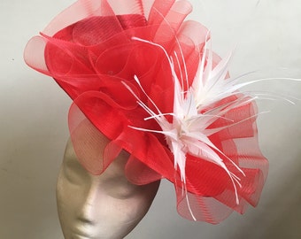 Red Sinamay Saucer with Red Ruffles and White Spiky Feathers