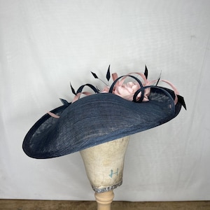Navy and Pink Saucer Style Hat with Pink Roses and Navy Loops and Feathers - can be made in other colour combinations