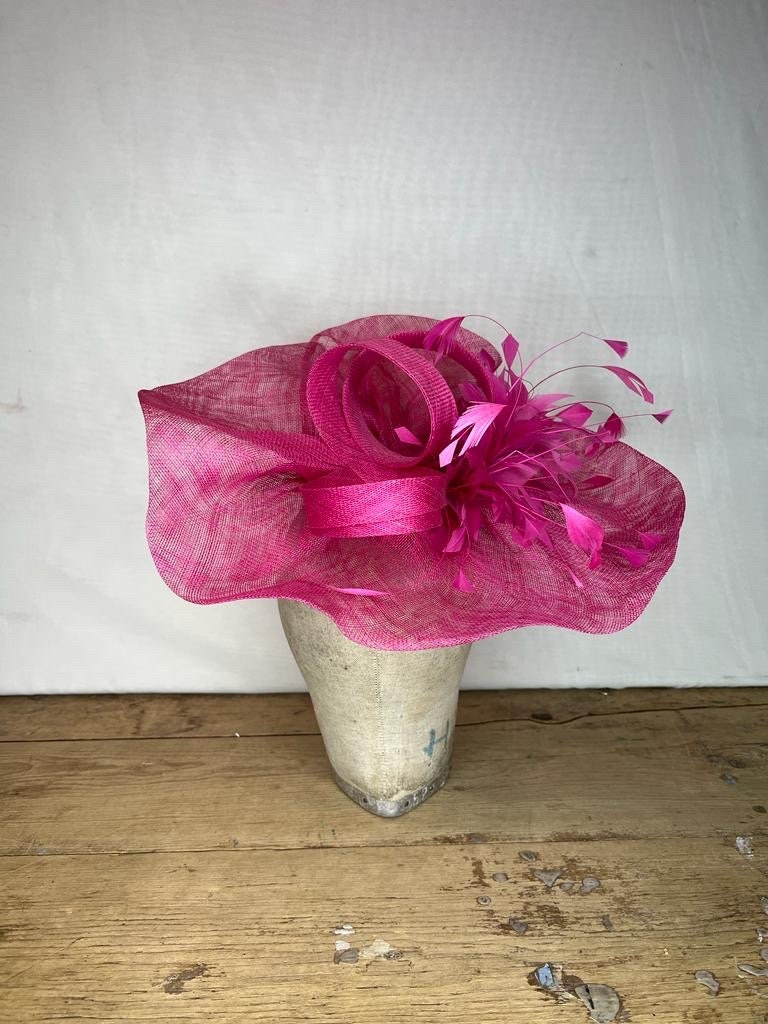 Bright Magenta Pink Sinamay Headpiece with Loops and Feathers. Sits to the right hand side of the head. Can be made in other colours.thumbnail