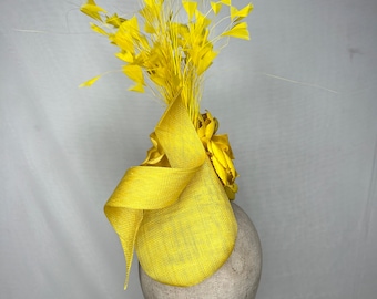 Bright Yellow Pointed Percher Hat with Twist and Flowers and Yellow Feathers