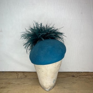 SAMPLE SALE - Teal Blue Round Beret Wool Felt Hat with Emu Pom Pom Feathers