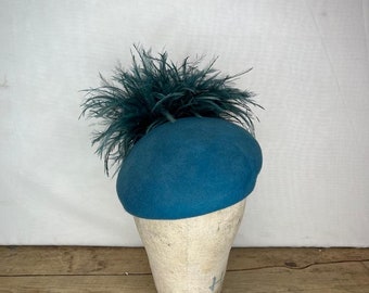 SAMPLE SALE - Teal Blue Round Beret Wool Felt Hat with Emu Pom Pom Feathers