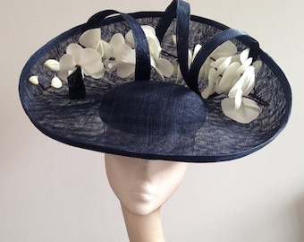Large Navy Lipped Saucer Style Hat with White Orchids and Navy Loops - can be made in other colour combinations
