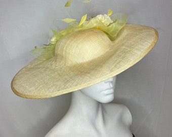 Large Primrose Yellow Wide Brimmed Hat with Shallow Crown, Yellow Roses, Crin and Feathers - can be made in other colour combinations