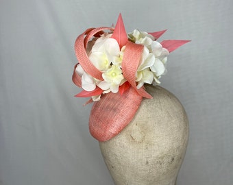 Bright Coral Percher Hat with White Hydrangea Flowers and Coral Feathers