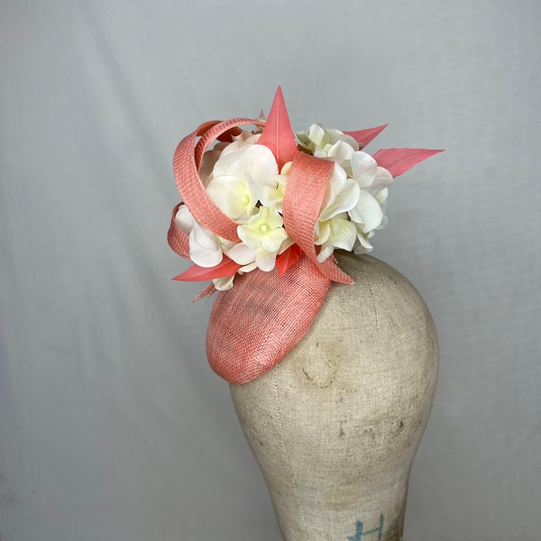 Bright Coral Percher Hat with White Hydrangea Flowers and Coral Feathers