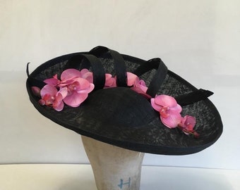 Large Black Lipped Saucer Style Hat with Pink Orchids and Black Loops - can be made in other colour combinations
