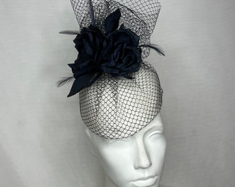 White Straw Pointed Beret Hat with Dark Navy Small Veiling with Silk Flowers and Feathers - can be made in other colour combinations