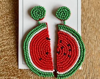 Watermelon Earrings- Red Beaded