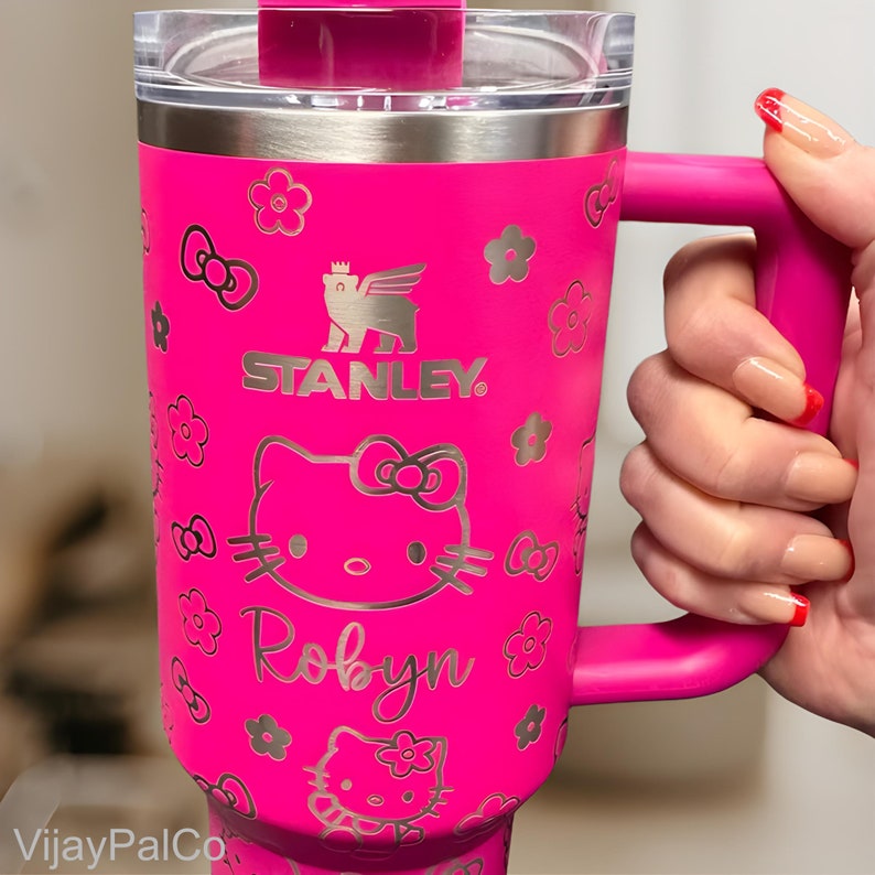 Custom Stanley Hello Kitty Pattern 40oz Engraved Tumbler, Handle