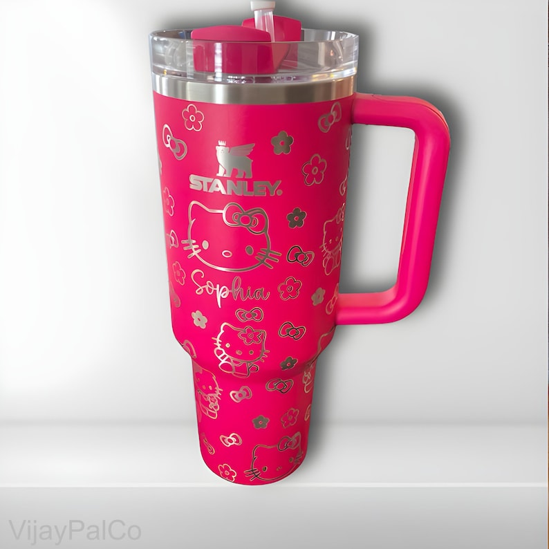 Custom Stanley Hello Kitty Pattern 40oz Engraved Tumbler, Handle