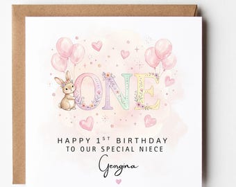 Personalised Niece 1st Birthday Card With Bunny And Balloons – Custom Name Keepsake
