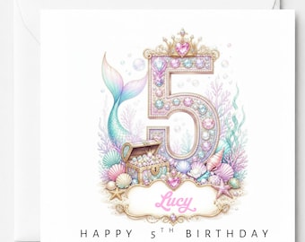 Mermaid Birthday Card Any Age, Personalised Girls Birthday Card, Jewelled Number Square Card, Custom Name Under The Sea Card