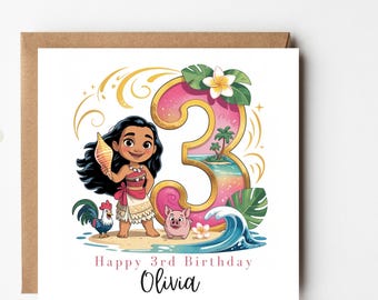 Personalised Tropical Island Girl 3rd Birthday Card with Name – Custom Pink Number Card for Daughter Niece Granddaughter