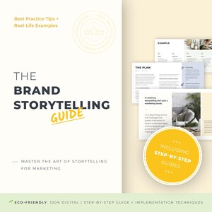 May include: A white book cover with the title "The Brand Storytelling Guide" in large, dark letters and the word "Guide" in yellow. The cover also includes the text "Master the Art of Storytelling for Marketing."