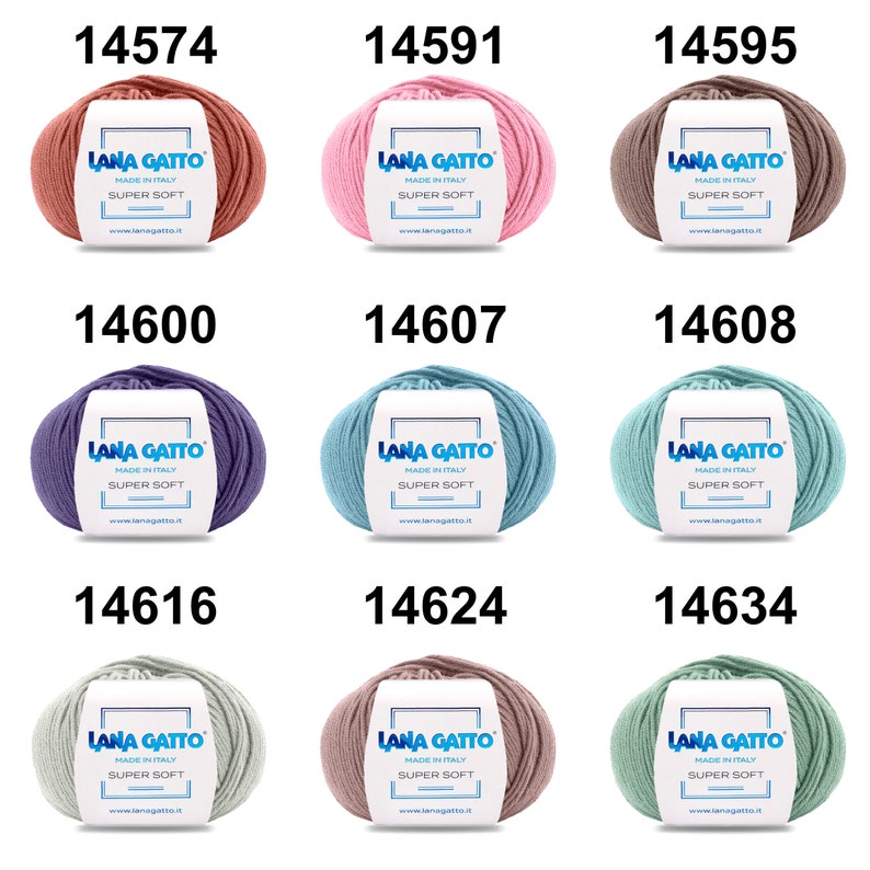 May include: Nine balls of yarn in different colors, including pink, purple, blue, green, and brown. Each ball has a label that says "Lana Gatto Made in Italy Super Soft" and a website address.