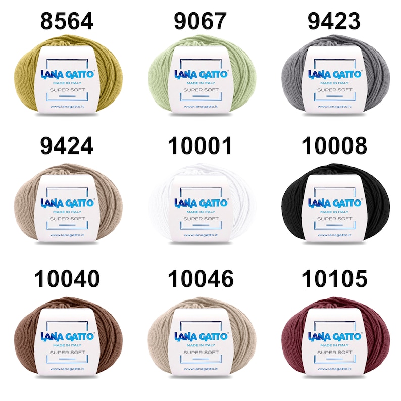 May include: Nine balls of yarn in different colors, including green, gray, beige, white, black, brown, and red. Each ball has a label that says "Lana Gatto" and "Super Soft".