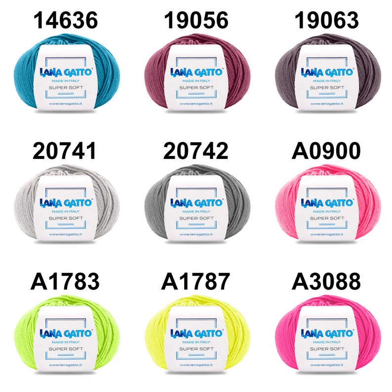 May include: Nine skeins of Lana Gatto Super Soft yarn in various colors, including teal, burgundy, gray, white, pink, yellow, and neon green. Each skein has a label with the brand name and "Made in Italy" printed on it.