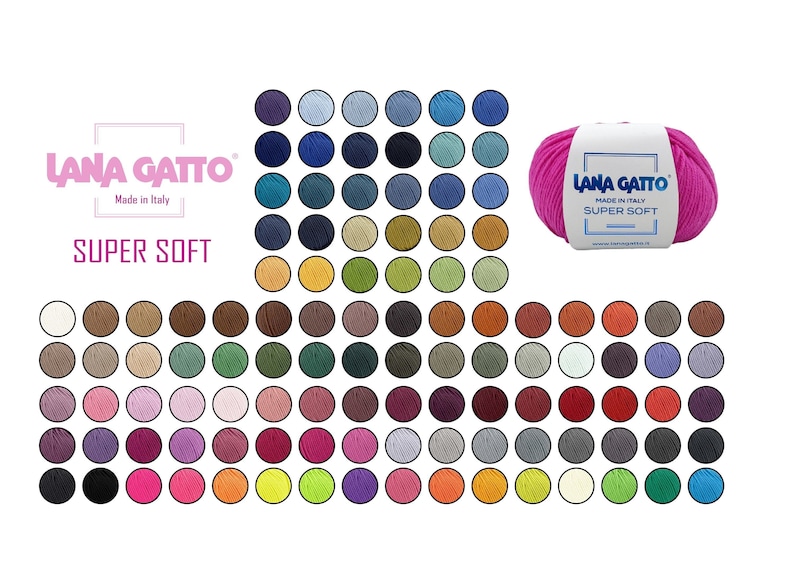 May include: A color chart of 100 yarn colors in a variety of shades. The yarn is called "Lana Gatto Super Soft" and is made in Italy.