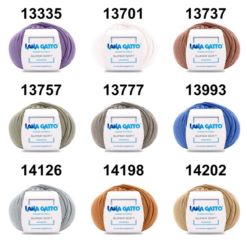 May include: Nine balls of yarn in various colors, including purple, white, brown, green, gray, blue, light gray, orange, and beige. Each ball has a label that reads "Lana Gatto Made in Italy Super Soft" and a website address.