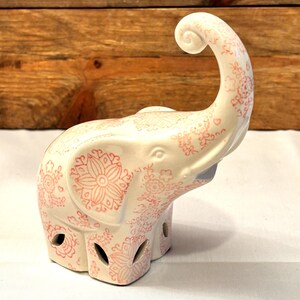 Vintage Ceramic Elephant Potpourri Holder Floral Design White and Pink Décor