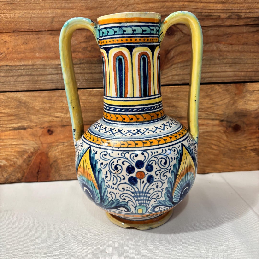 Deruta Italian Hand Painted Ceramic Vase, Vintage Twin Handle Majolica ...