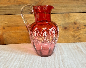 1890's Hand Blown Enamelled Cranberry Pitcher