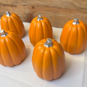 May include: Five orange pumpkins with silver stems are displayed on a white surface, with a wooden backdrop. These pumpkins are a seasonal decoration, perfect for autumn.