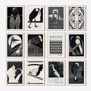 12 digital download print set bundle, gallery wall, vintage art, set of 12 wall art prints, black and white, bird print, eclectic, moody art