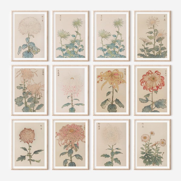Set of 12 Japanese floral vintage art prints for digital download, Japanese flower wall art prints instant download, antique botanical art