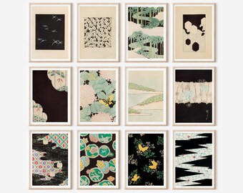 May include: A collection of twelve framed art prints featuring Japanese-inspired designs. The prints showcase various patterns, including birds in flight, floral arrangements, and abstract shapes. The color palette includes black, white, green, and yellow.