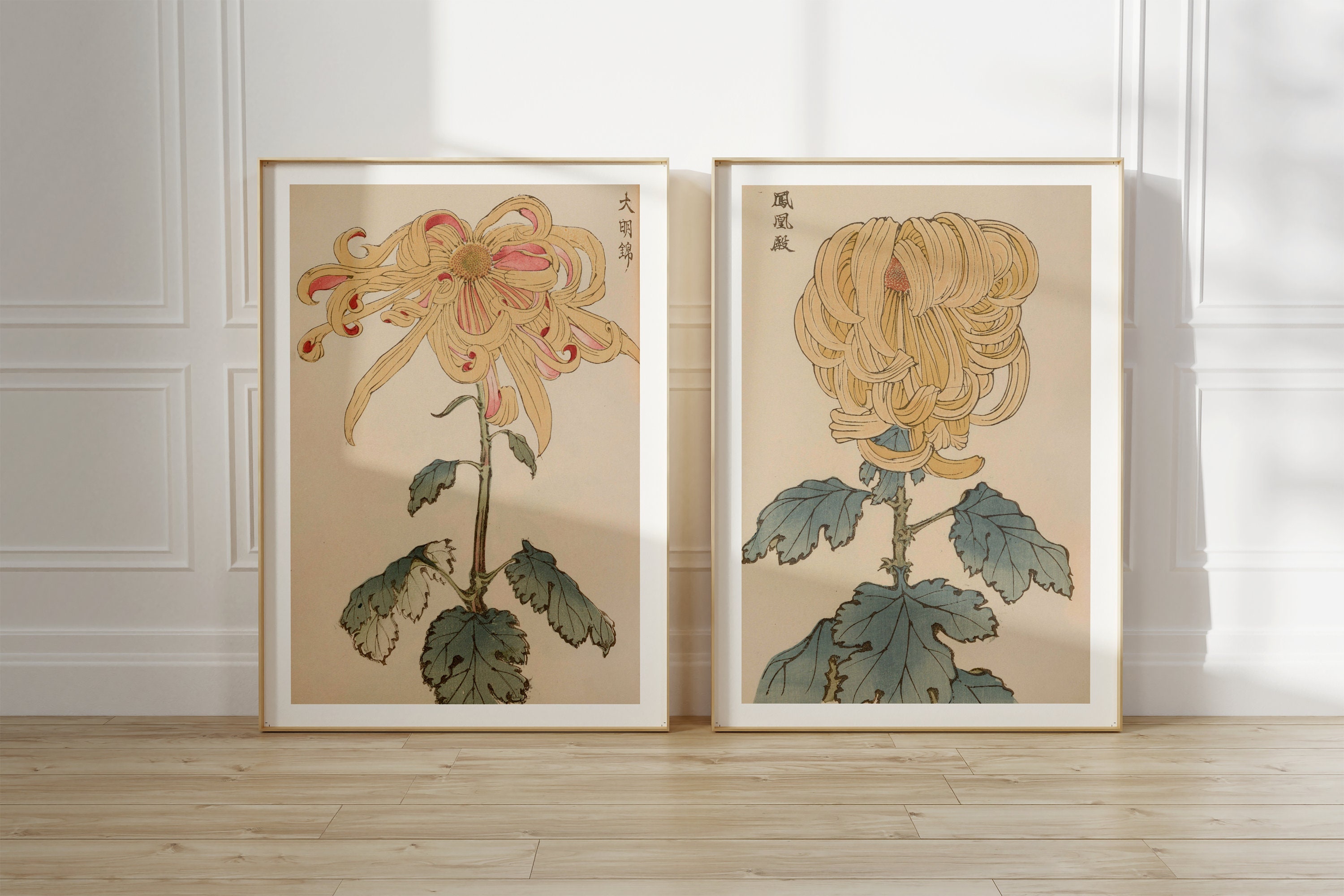 Set of 2 Japanese floral vintage art prints for digital download, Japanese flower wall art prints instant download, Japanese artwork prints
