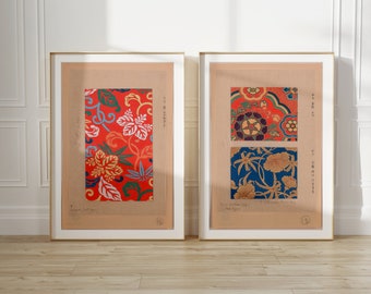 Japanese art prints set of 2, flower art, Vintage art print, abstract digital download, gallery wall art, eclectic art prints, printable art