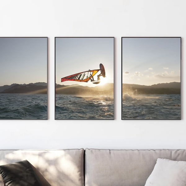 Set of 3 Windsurfing Printable Wall Art (Digital Download) – Beautiful Sunset Photo of Windsurfer - Surfing/Sailing/Sea/Water Sports Gift