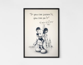Cita de Walt Disney con ilustración única de Mickey Mouse - Impresión de bellas artes - Póster/Arte de pared firmado, regalo, decoración del hogar
