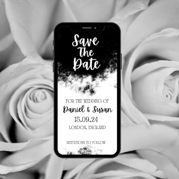 Black Water Colour Save The Date E-Invite, Electronic Invite, Digital Invite, Digital Invitation, Electronic Invitation, Black and White