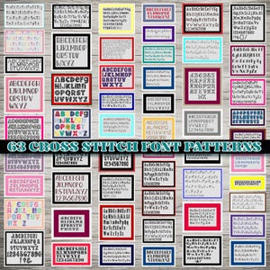 May include: A collection of 63 cross stitch font patterns displayed in individual rectangular frames with various colored borders. Each frame contains a unique alphabet, numbers, and symbols in different styles, fonts, and colors on a light background.