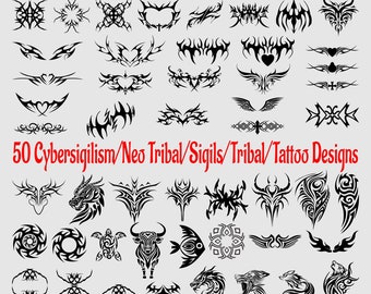 Cybersigilism Tattoo Art: Neo-Tribal SVG PNG Bundle (50 Designs)