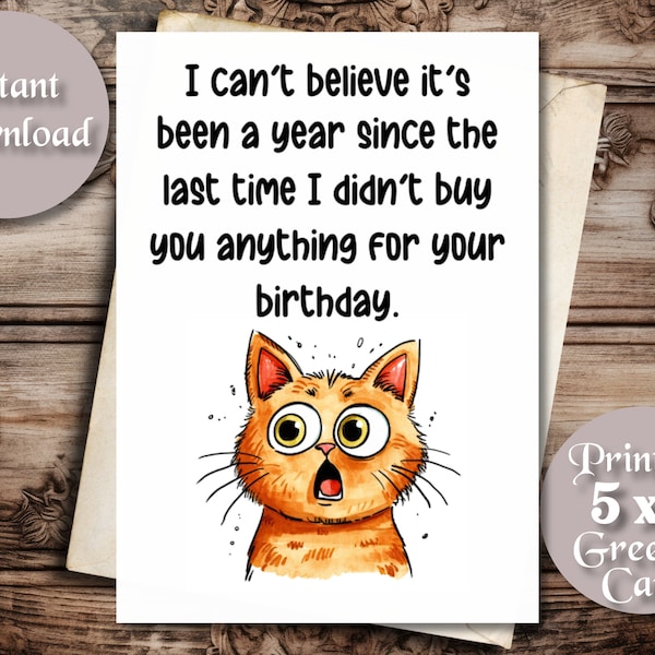 Funny Printable Birthday Card for Family and Friends, Digital Download, PDF, PNG, JPEG, Cute Surprised Cat