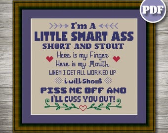 Funny Cross Stitch Pattern PDF – I’m a Little Smart Ass Short and Stout | Sarcastic Sweary Beginner Cross Stitch Design | Modern | Download