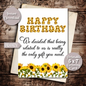 Cartão de feliz aniversário com fonte de girassol para impressão, cartão de aniversário engraçado, para ela, para membros da família, cartão sem presente, borda de girassol, baixar