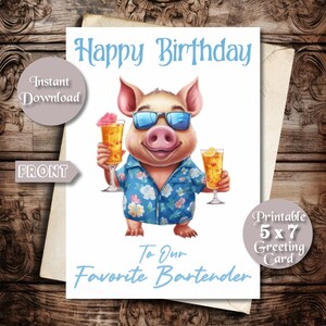 Feliz aniversário para o nosso barman favorito, cartão de aniversário para impressão, porco engraçado com imagem de álcool, aniversário do barman, amigo barman