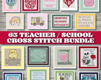 Teacher and School Themed Cross Stitch Bundle | 65 PDF and JPEG Patterns | Funny Teacher Quotes, School Designs & Alphabet Fonts